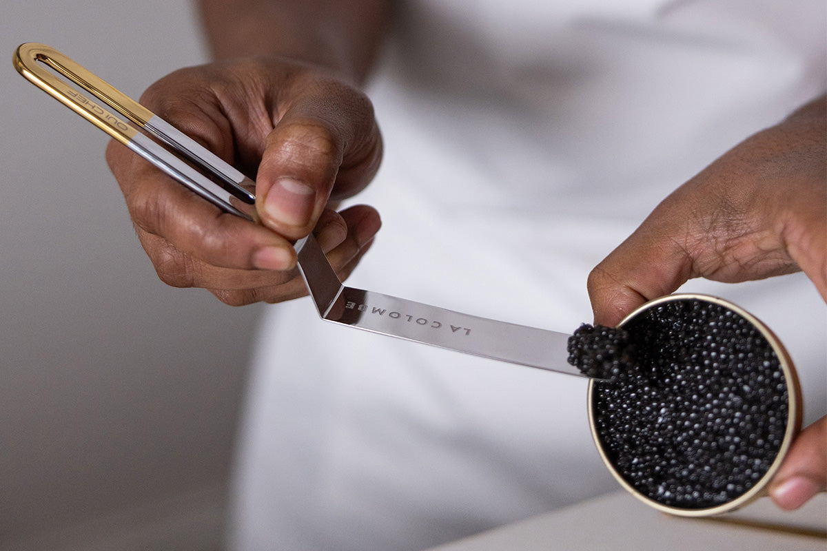 Chef scooping caviar with a gold top palette knife