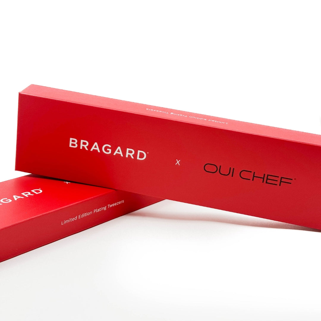 Red Bragard x Oui Chef gift packaging for chef tools.
