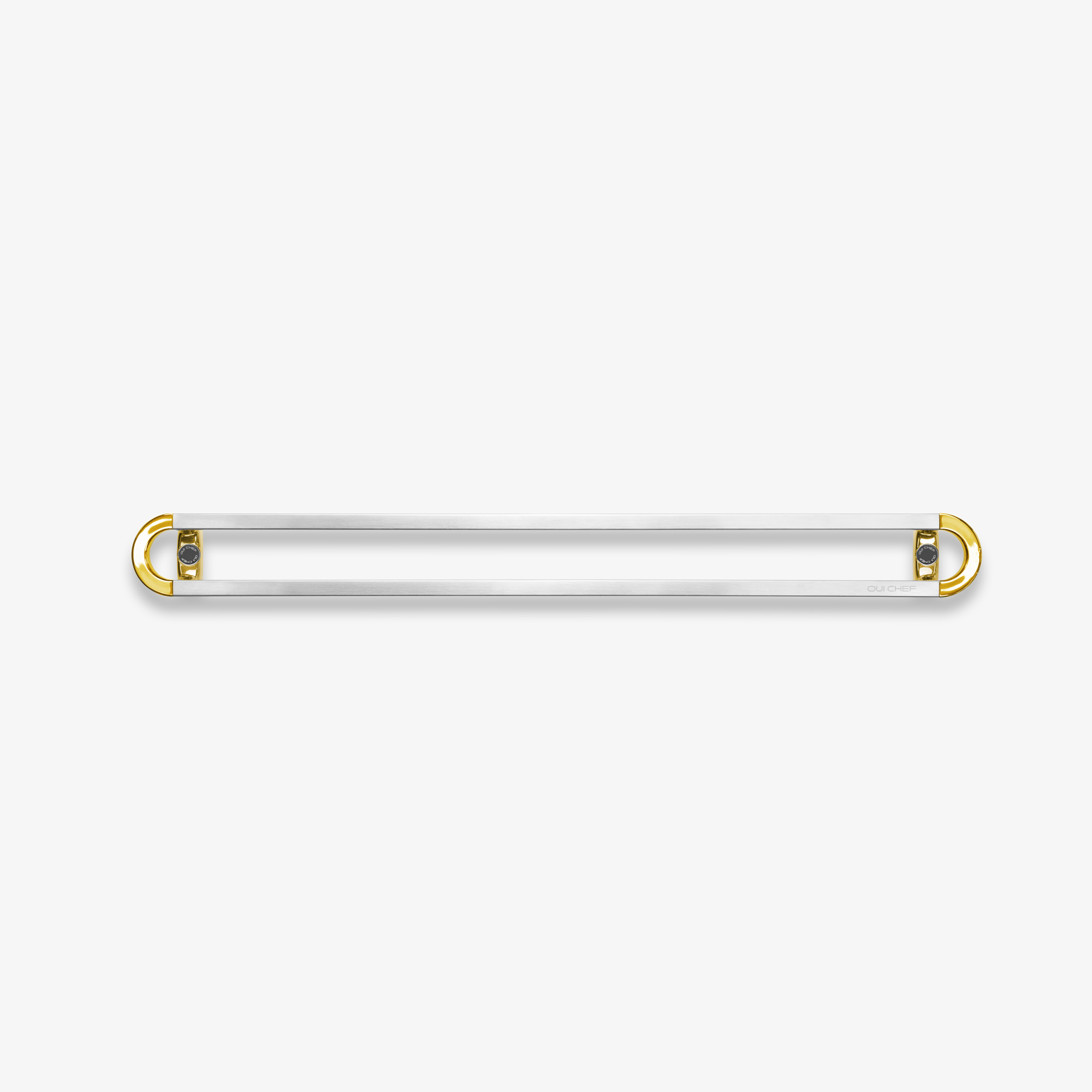 A Stainless steel Magnetic Rack with gold-coloured brackets placed against a white background.