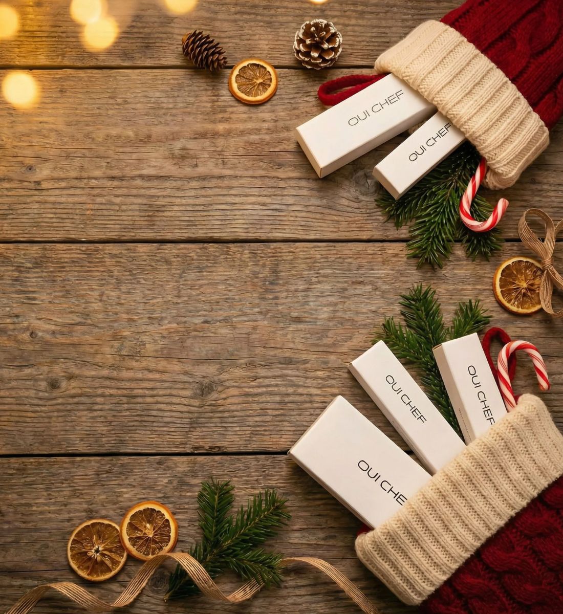 Oui Chef products in two christmas stockings on a wooden surface with Christmas decorations