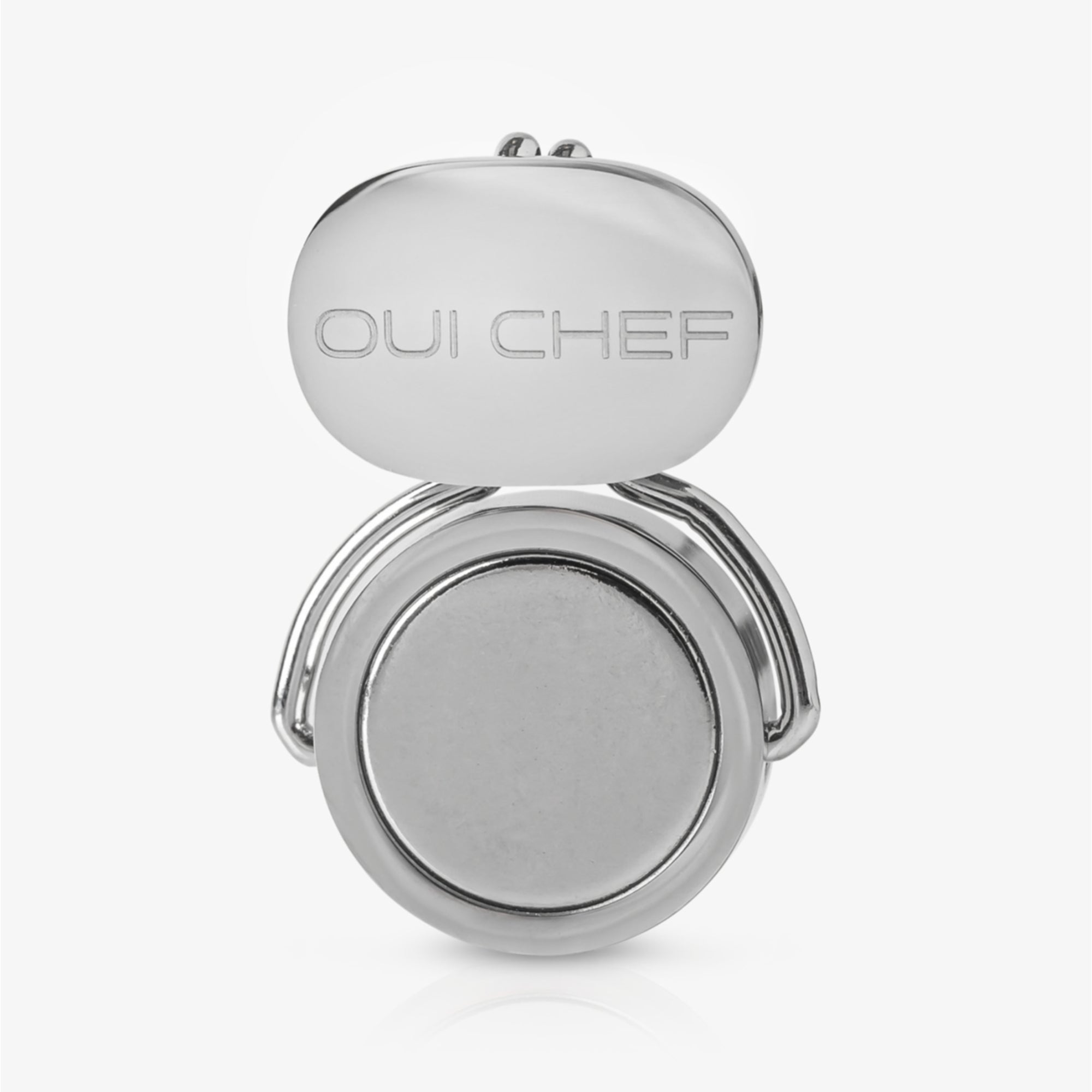 Stainless steel magnetic clip with 'OUI CHEF' branding on a white background