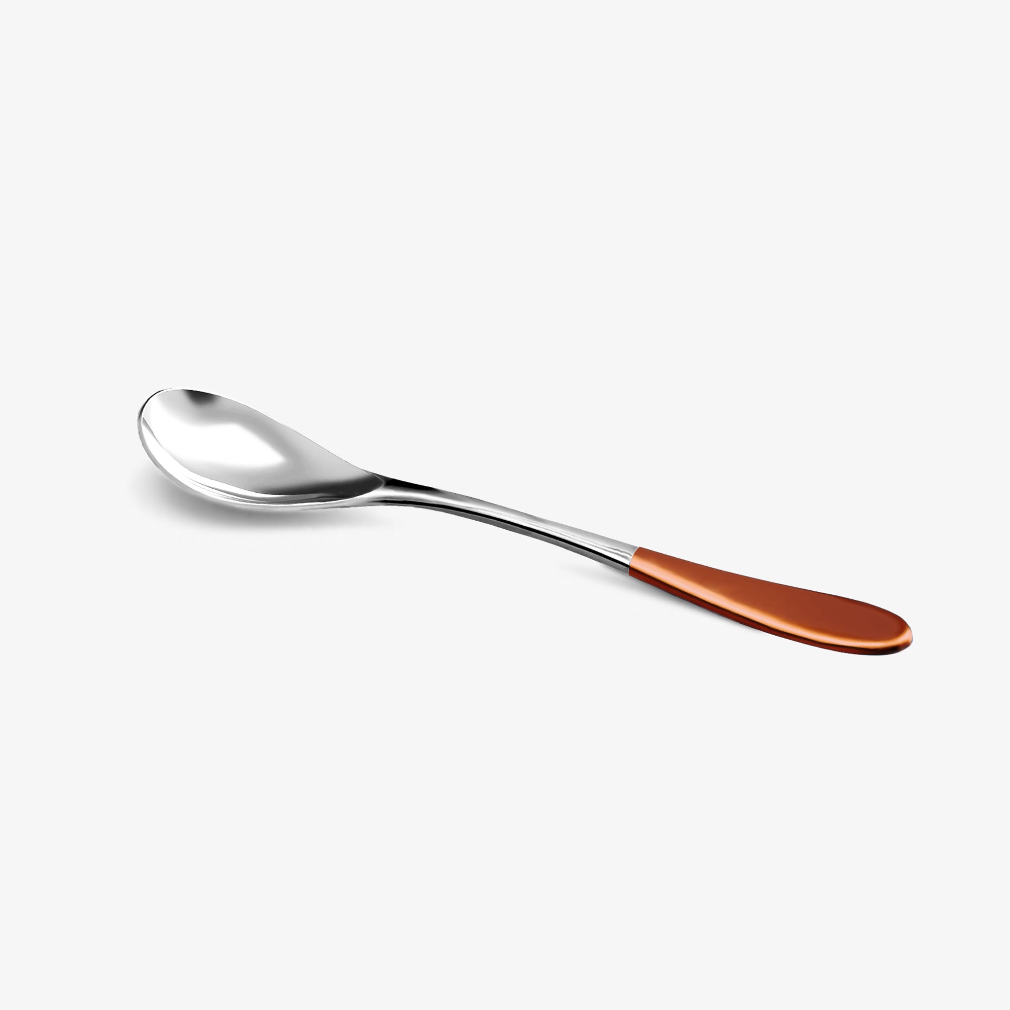 A stainless steel Rocksteady rocher spoon with a copper top handle against a white background.